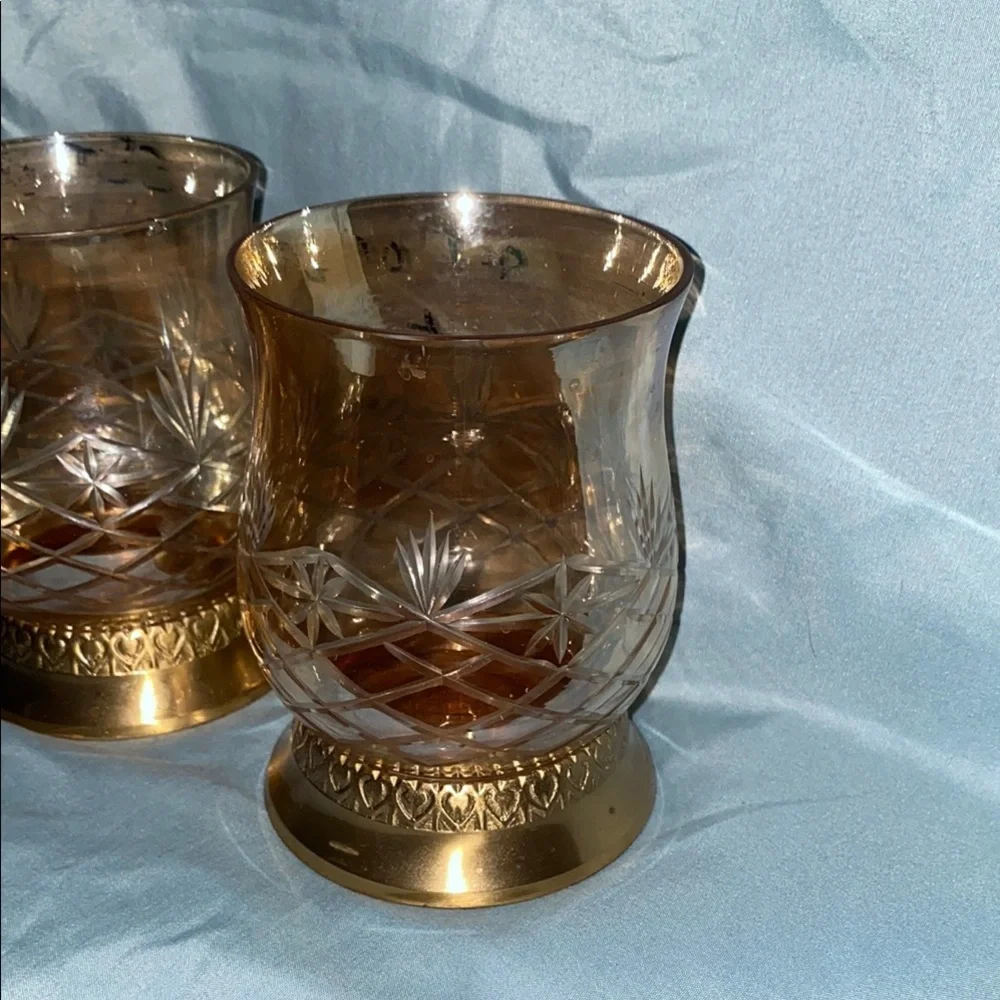 BX48 Elegant Amber Glass Candle Holders with Gold Base